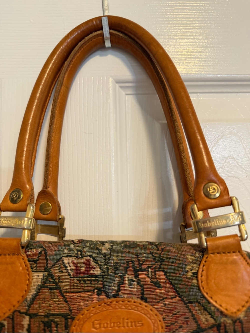 Brown Tapestry Satchel with Tan Leather Handles - Picture 4 of 5